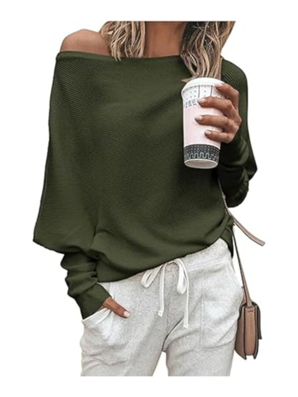 Off Shoulder Knit Sweater Women Oversized Batwing Sleeve Pullover